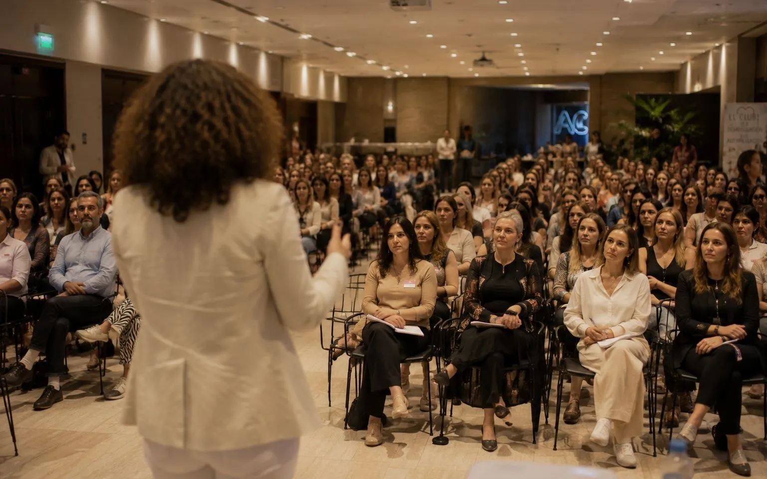 Ana Edith Cuquejo frente a una sala llena durante una conferencia
